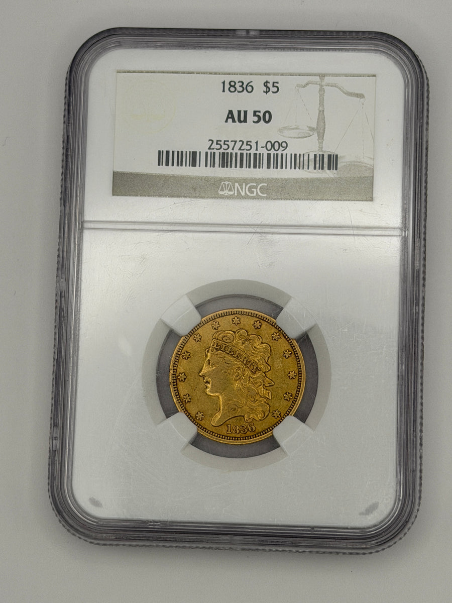 1836 $5 Classic Head Gold Half Eagle – NGC AU50 | Early U.S. Gold Type