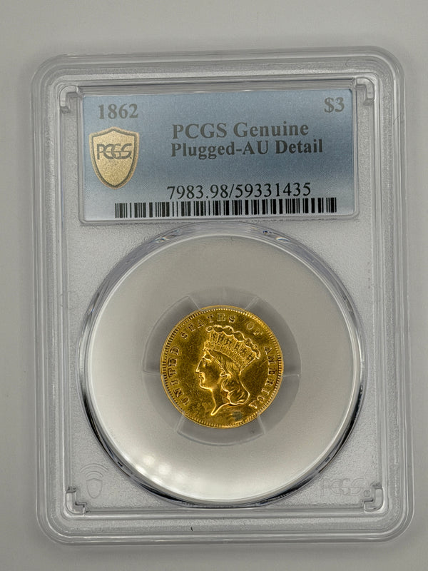 1862 $3 Gold Princess Head PCGS AU Details - CoinMogul.com
