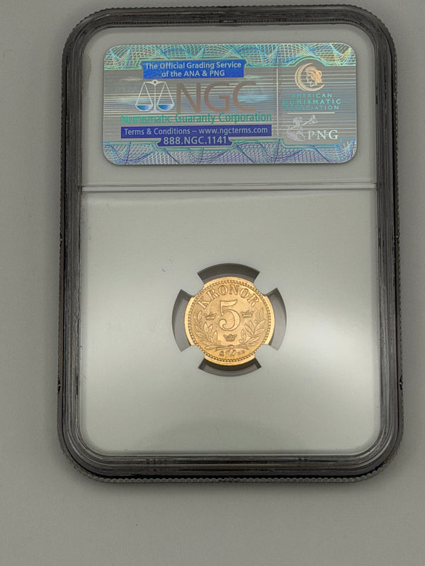 1901 Sweden 5 Kronor Gold NGC MS66 Oscar II - CoinMogul.com