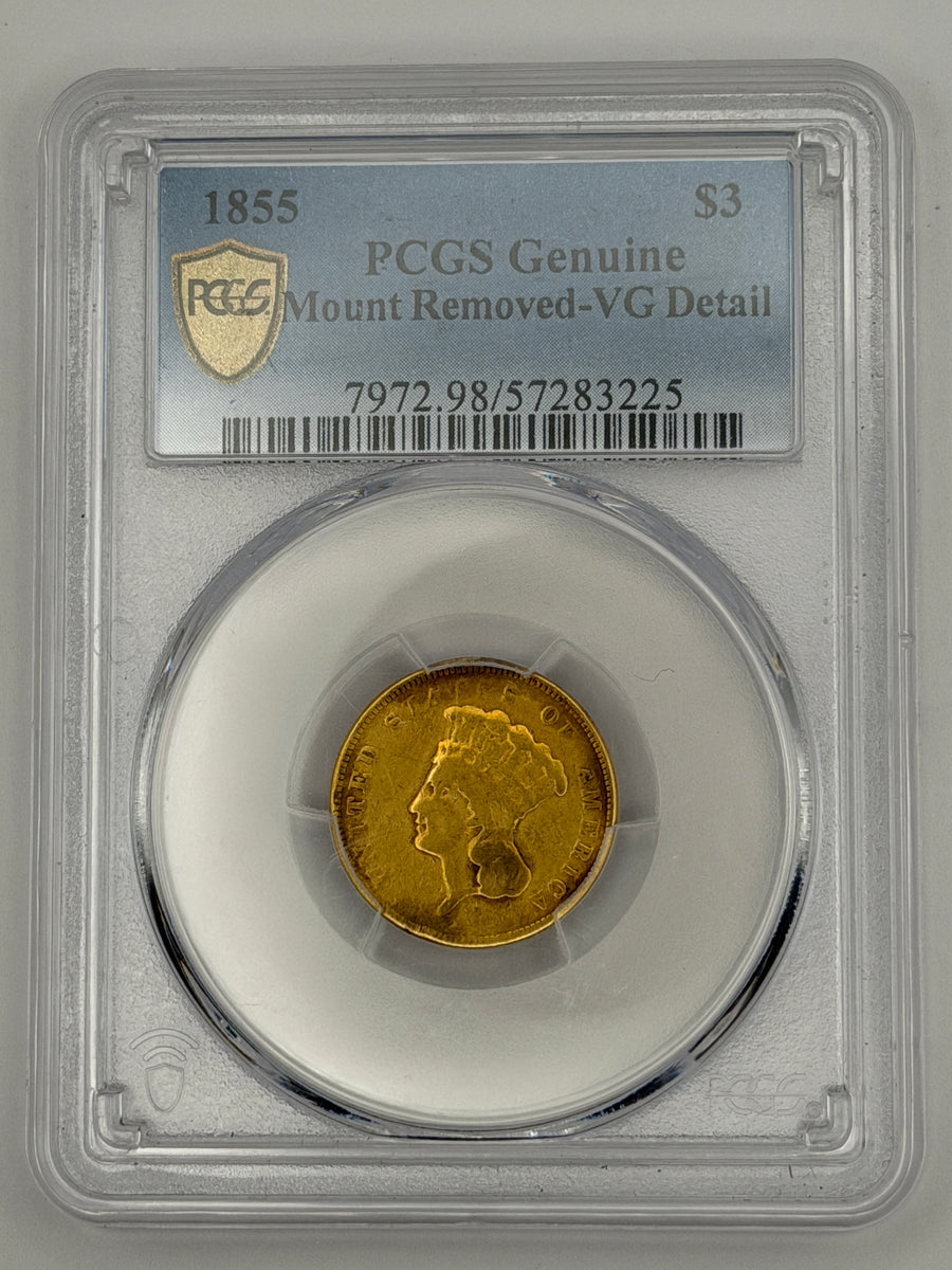 1855 $3 Gold Princess Head – PCGS VG Details | Rare Early U.S. Gold Type Coin