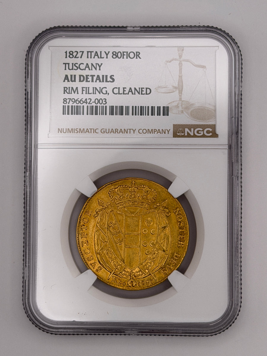 1827 80 Lire (Fiorini) Gold Coin – Leopold II of Tuscany – NGC AU Details | Grand Duchy of Tuscany