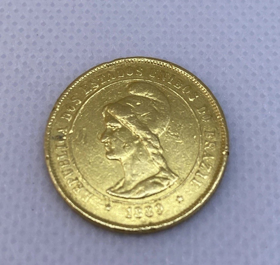 1889 10000 Reis Brazil Gold Coin Beautiful Rare