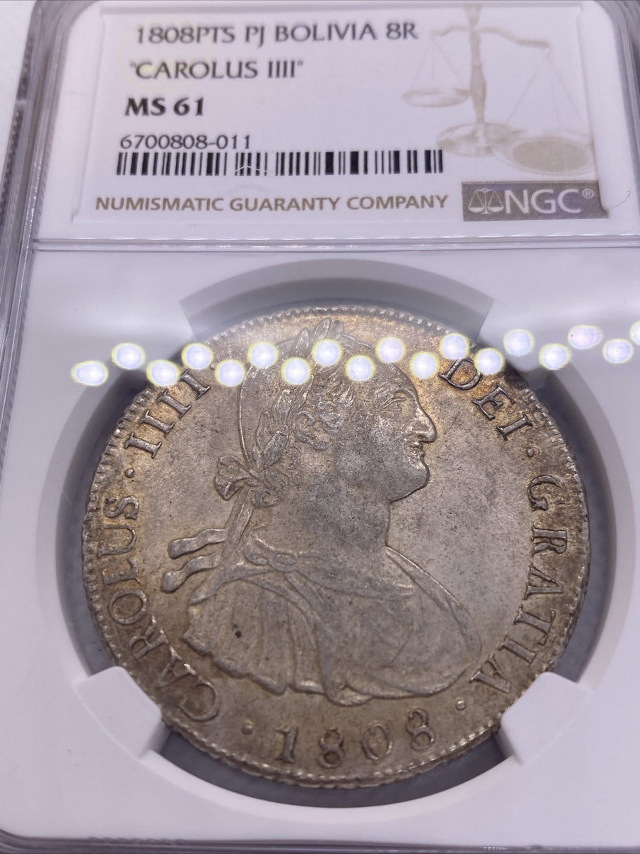 1808 PTS PJ SILVER CHARLES IIII 8 REALES BOLIVIA NGC MS-61 VERY RARE UNC COIN