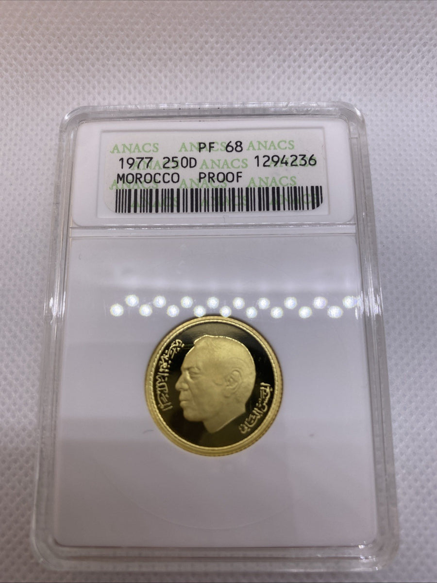 1977 250 Dirhams Morocco Old ANACS PF68 Holder Low 800 Mintage Gold Coin Rare