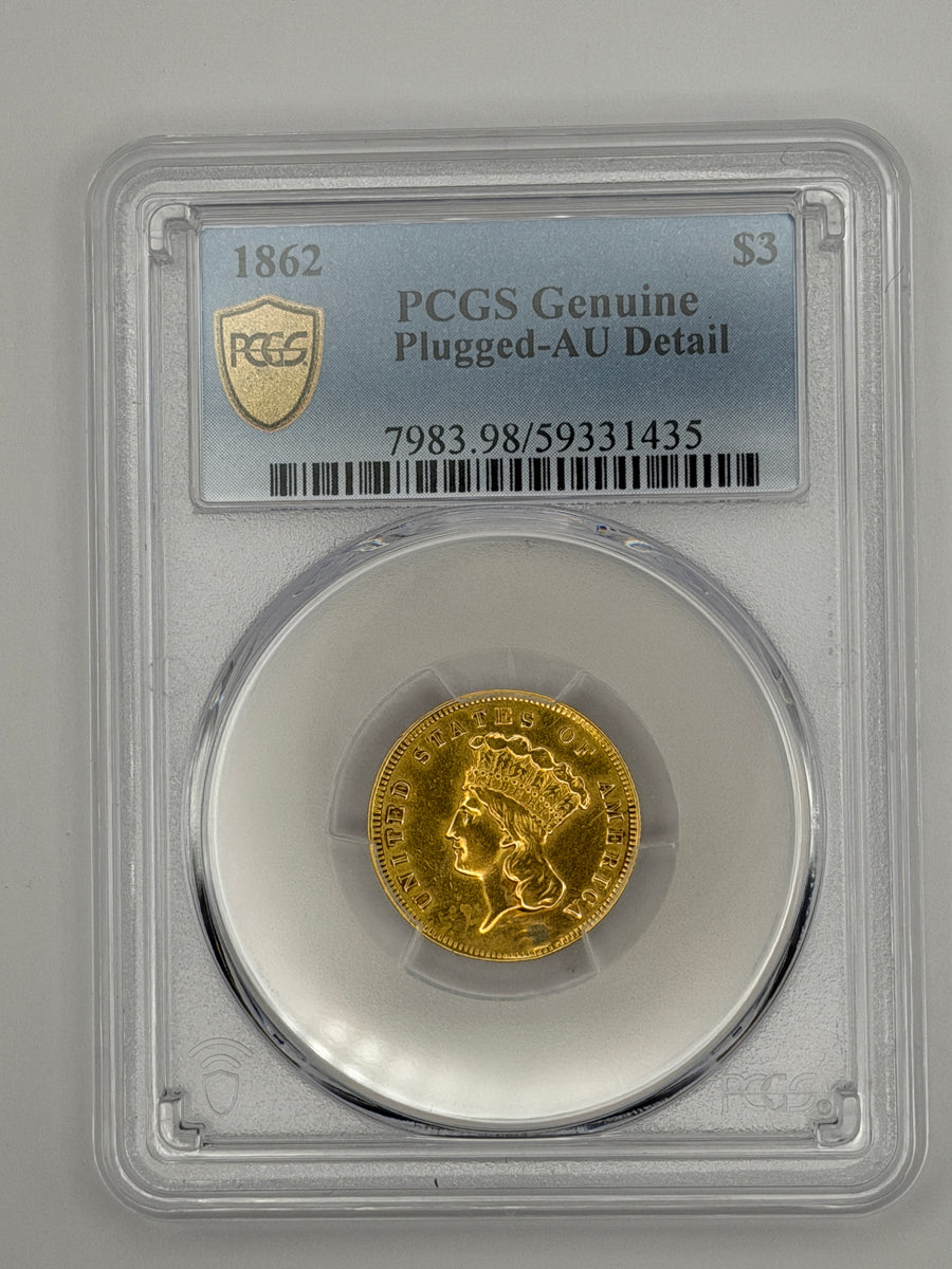 1862 $3 Gold Princess Head – PCGS AU Details Plugged | Civil War Era Gold
