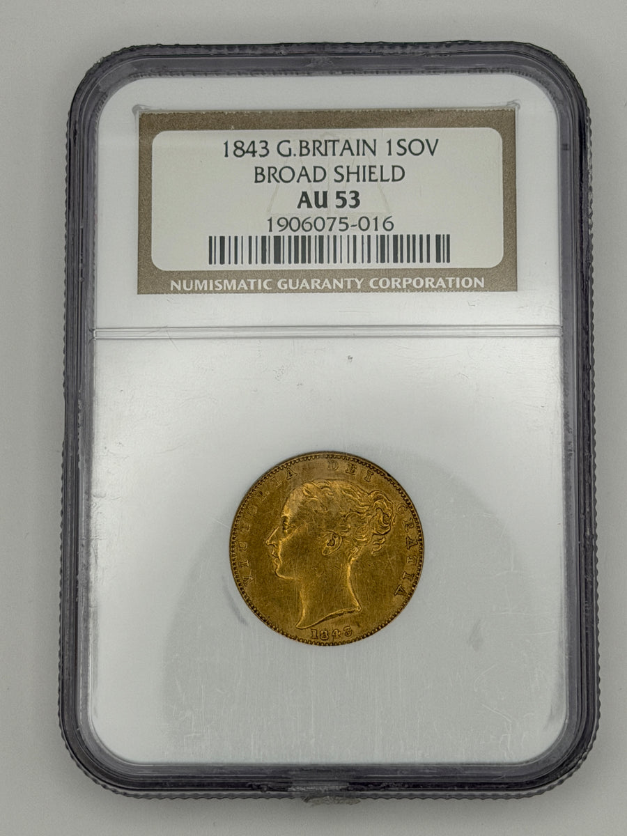 1843 Great Britain Gold Sovereign Broad Shield NGC AU53 | Queen Victoria Young Head