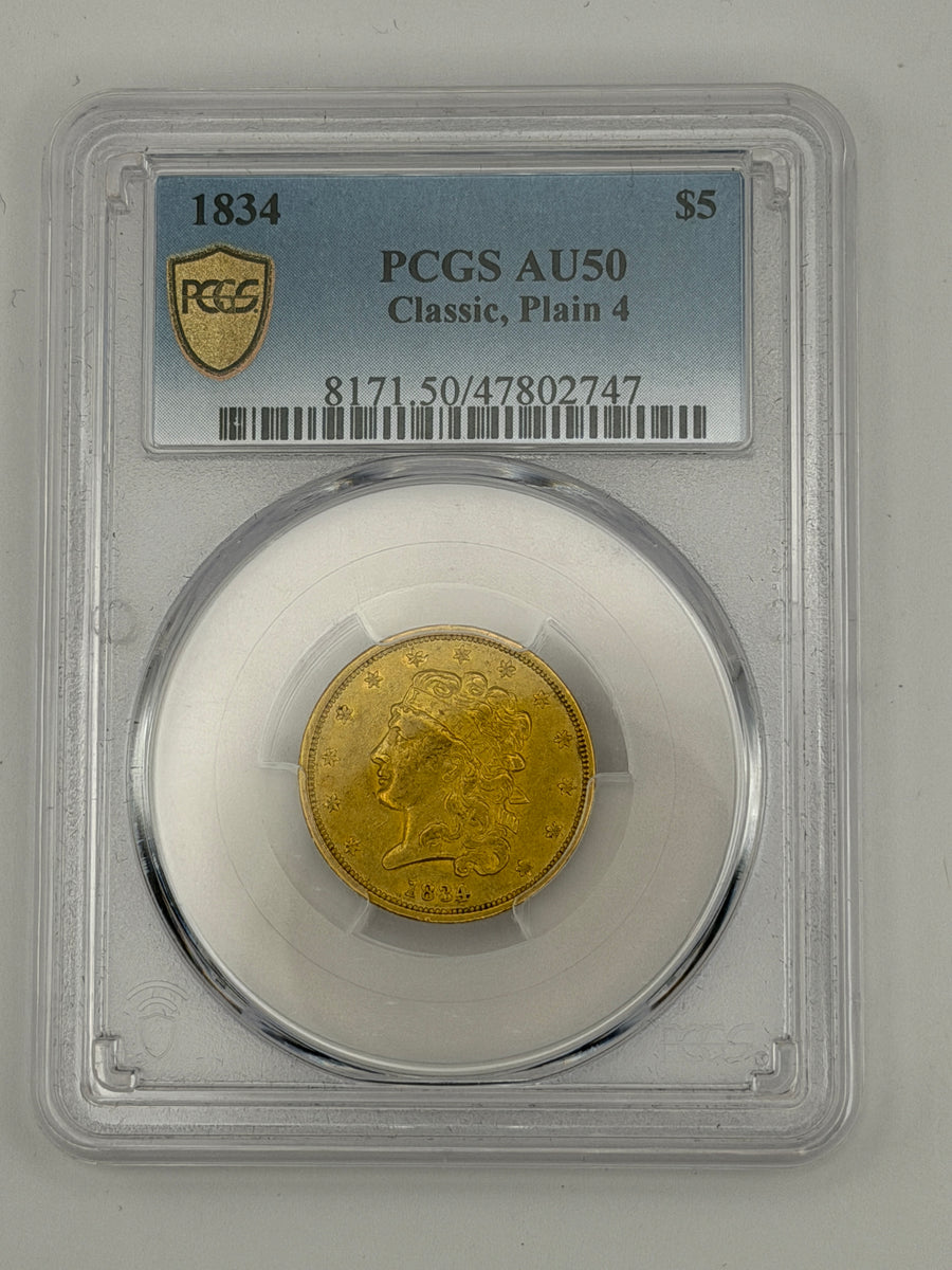 1834 $5 Classic Head Gold Half Eagle – PCGS AU50 | Early U.S. Gold Coin