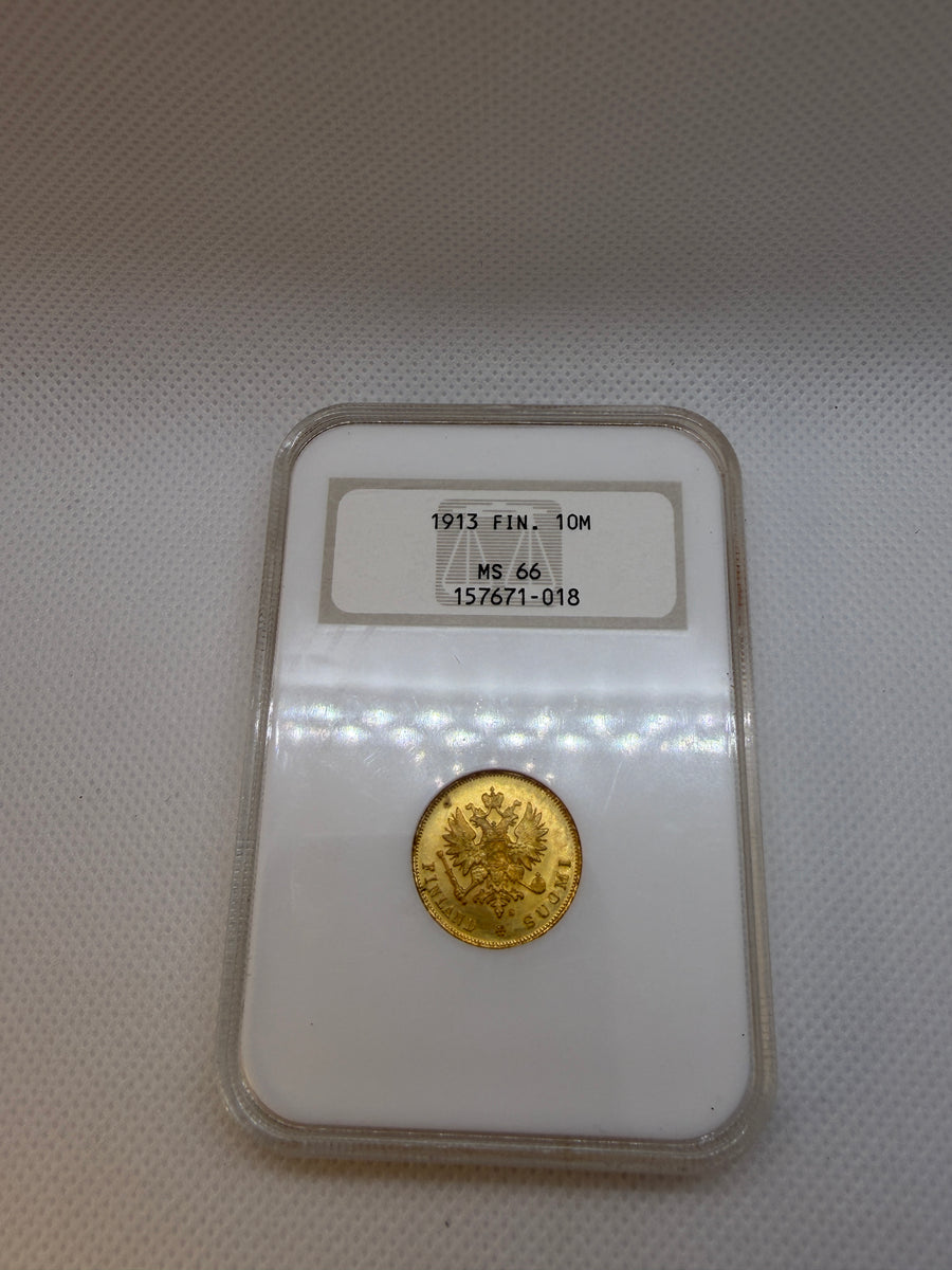 1913 10 Markkaa Gold Coin – NGC MS66 | Old Fatty Holder | Nicholas II Finland