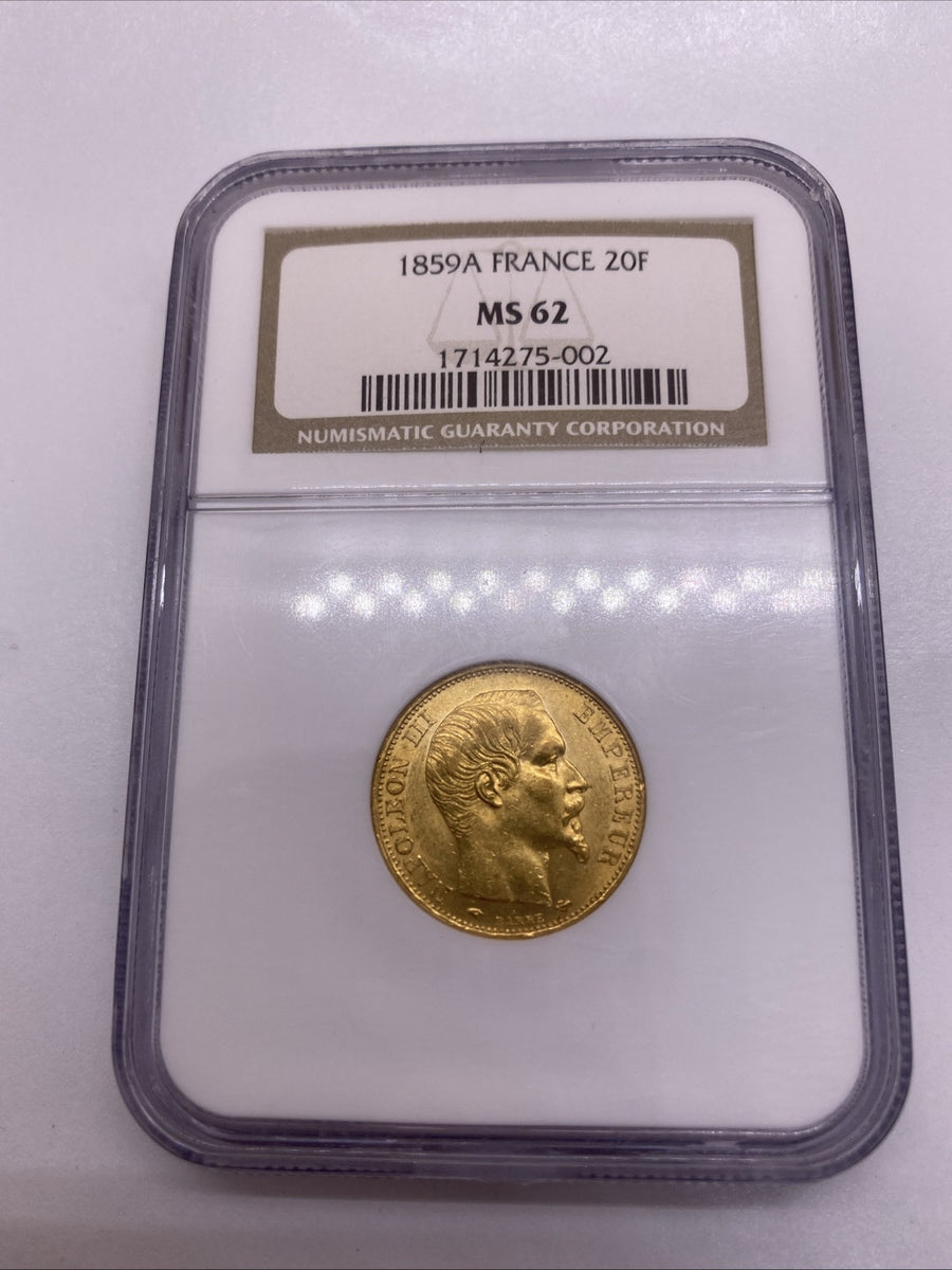 1859 A 20 FRANCS NAPOLEON III GOLD COIN NGC MS 62 VERY OLD NGC SLAB LOOKS GREAT