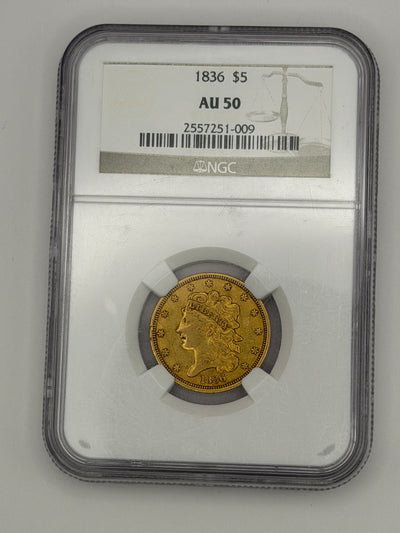 1836 $5 Classic Head Gold Half Eagle – NGC AU50 | Early U.S. Gold Type