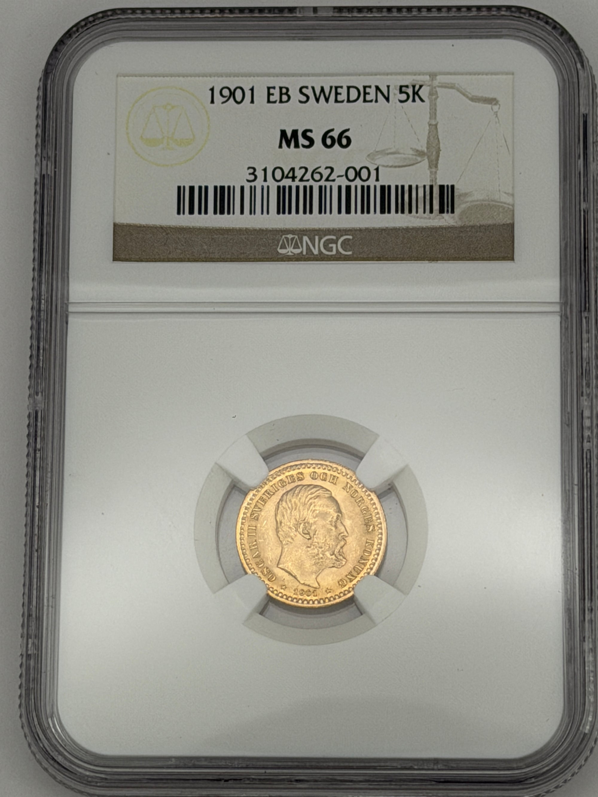 1901 EB Sweden 5 Kronor Gold Coin – NGC MS66 | Oscar II High Grade