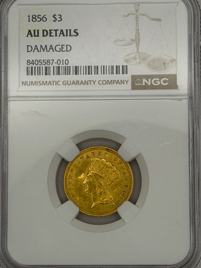 1856 $3 Gold Princess Head – NGC AU Details Damaged | Early Type U.S. Gold