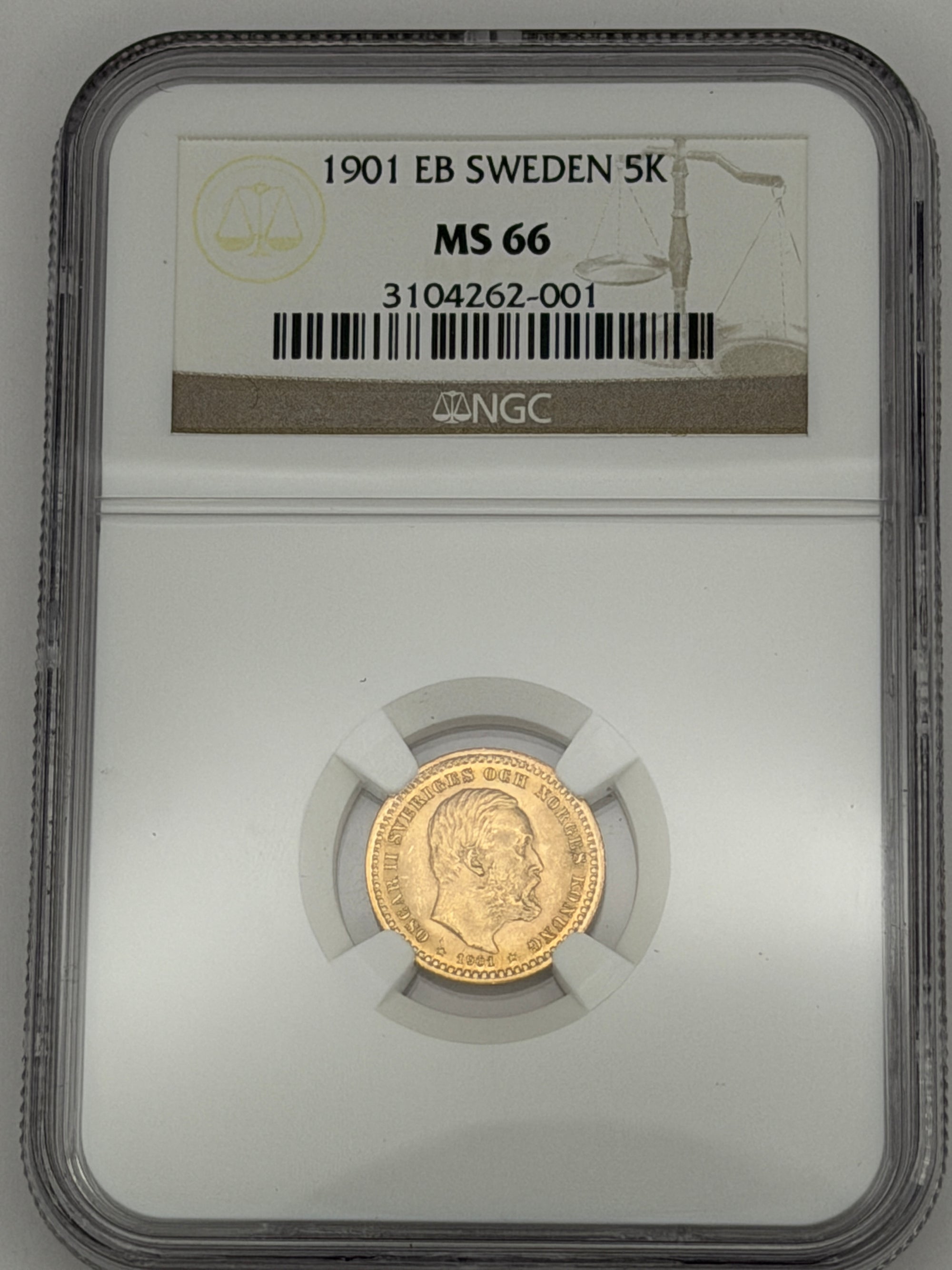 1901 EB Sweden 5 Kronor Gold Coin – NGC MS66 | Oscar II High Grade