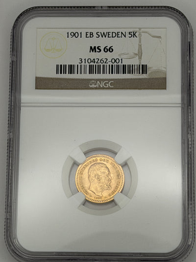 1901 EB Sweden 5 Kronor Gold Coin – NGC MS66 | Oscar II High Grade