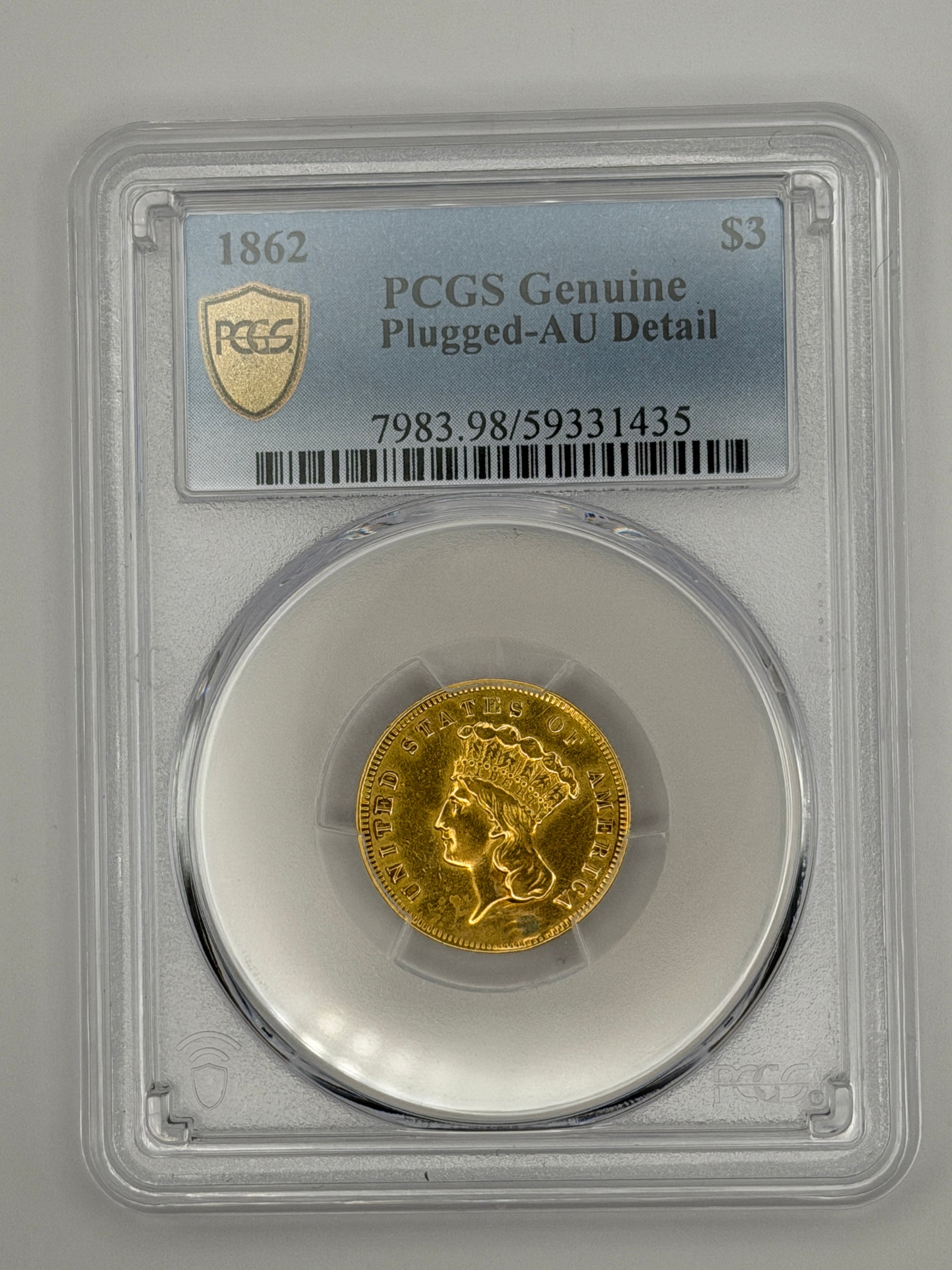 1862 $3 Gold Princess Head – PCGS AU Details Plugged | Civil War Era Gold