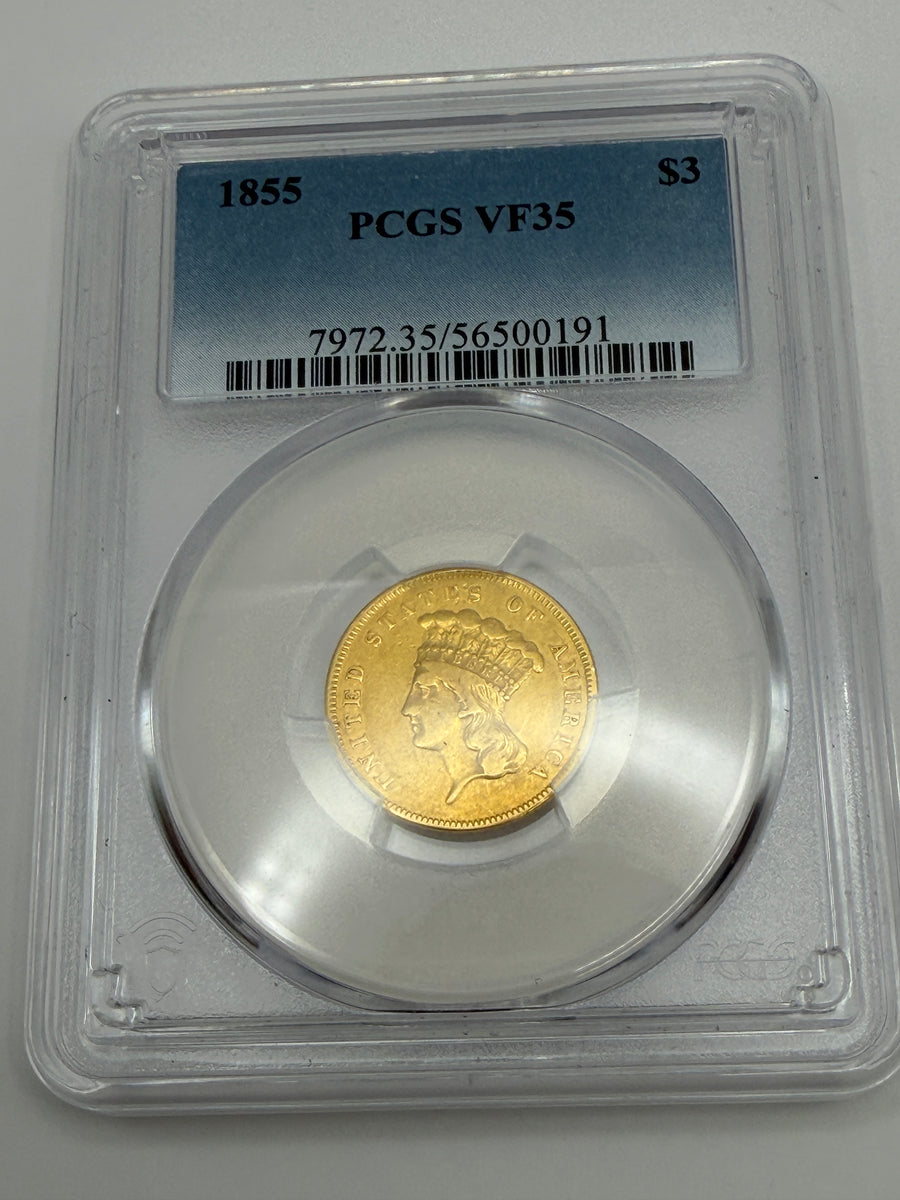 1855 $3 Gold Princess Head – PCGS VF35 | Rare Type Coin