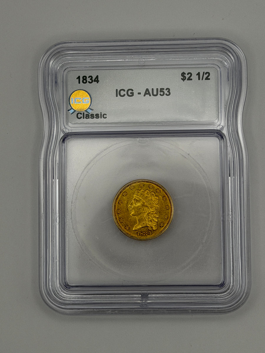 1834 $2.50 Classic Head Gold Quarter Eagle – ICG AU53 | First Year of Type