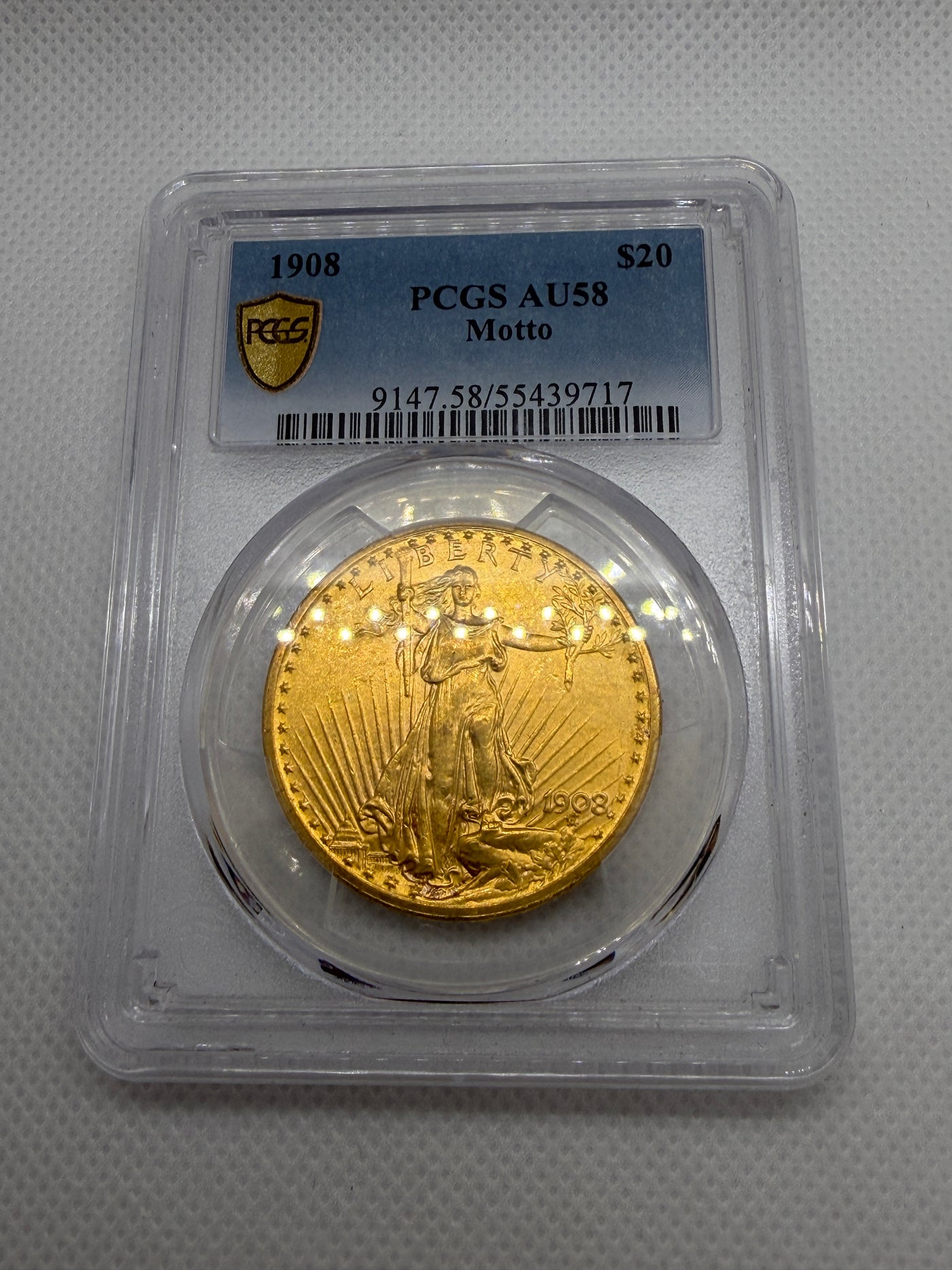 1908 $20 Saint-Gaudens Double Eagle Gold Coin – With Motto | PCGS AU58