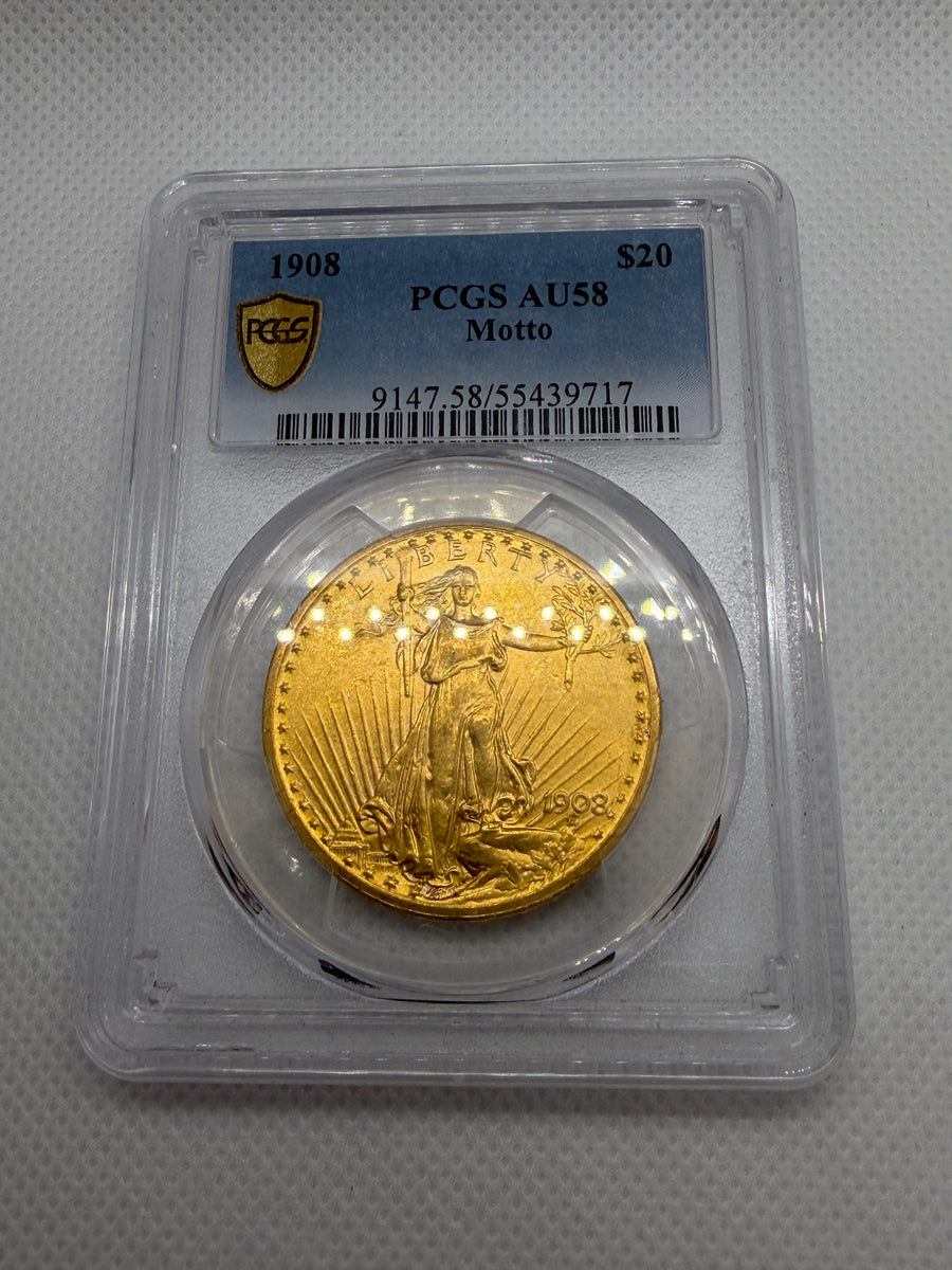1908 $20 Saint-Gaudens Double Eagle Gold Coin – With Motto | PCGS AU58