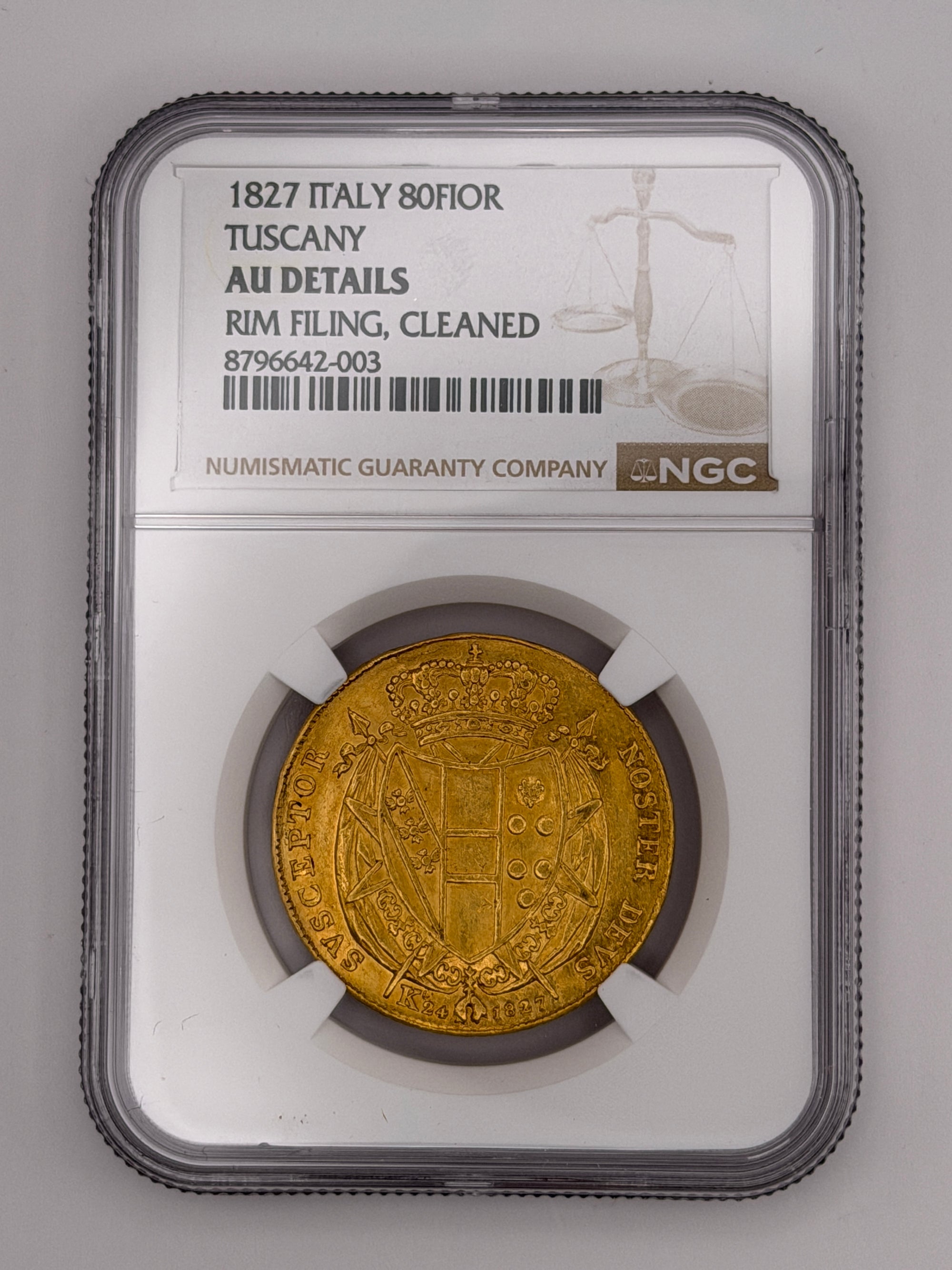 1827 80 Lire (Fiorini) Gold Coin – Leopold II of Tuscany – NGC AU Details | Grand Duchy of Tuscany