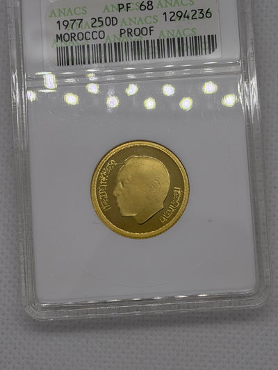 1977 250 Dirhams Morocco Old ANACS PF68 Holder Low 800 Mintage Gold Coin Rare