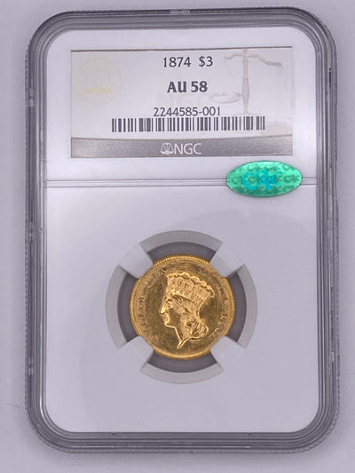 1874 $3 Gold Princess Head – NGC AU58 CAC | Near Mint Classic Rarity