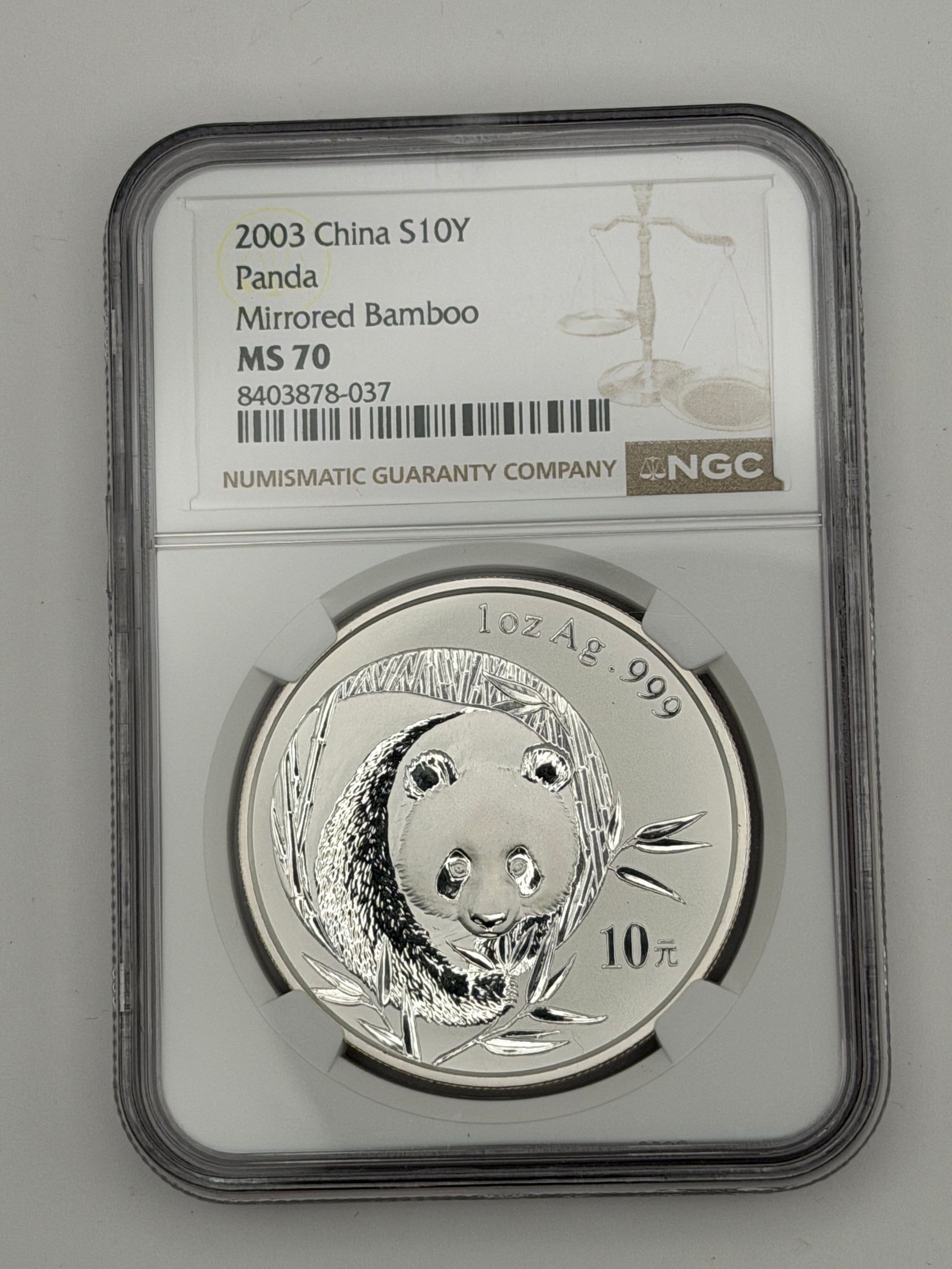 2003 China 10 Yuan Silver Panda Mirrored Bamboo – NGC MS70 | Perfect Grade Variety