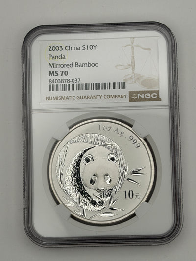 2003 China 10 Yuan Silver Panda Mirrored Bamboo – NGC MS70 | Perfect Grade Variety