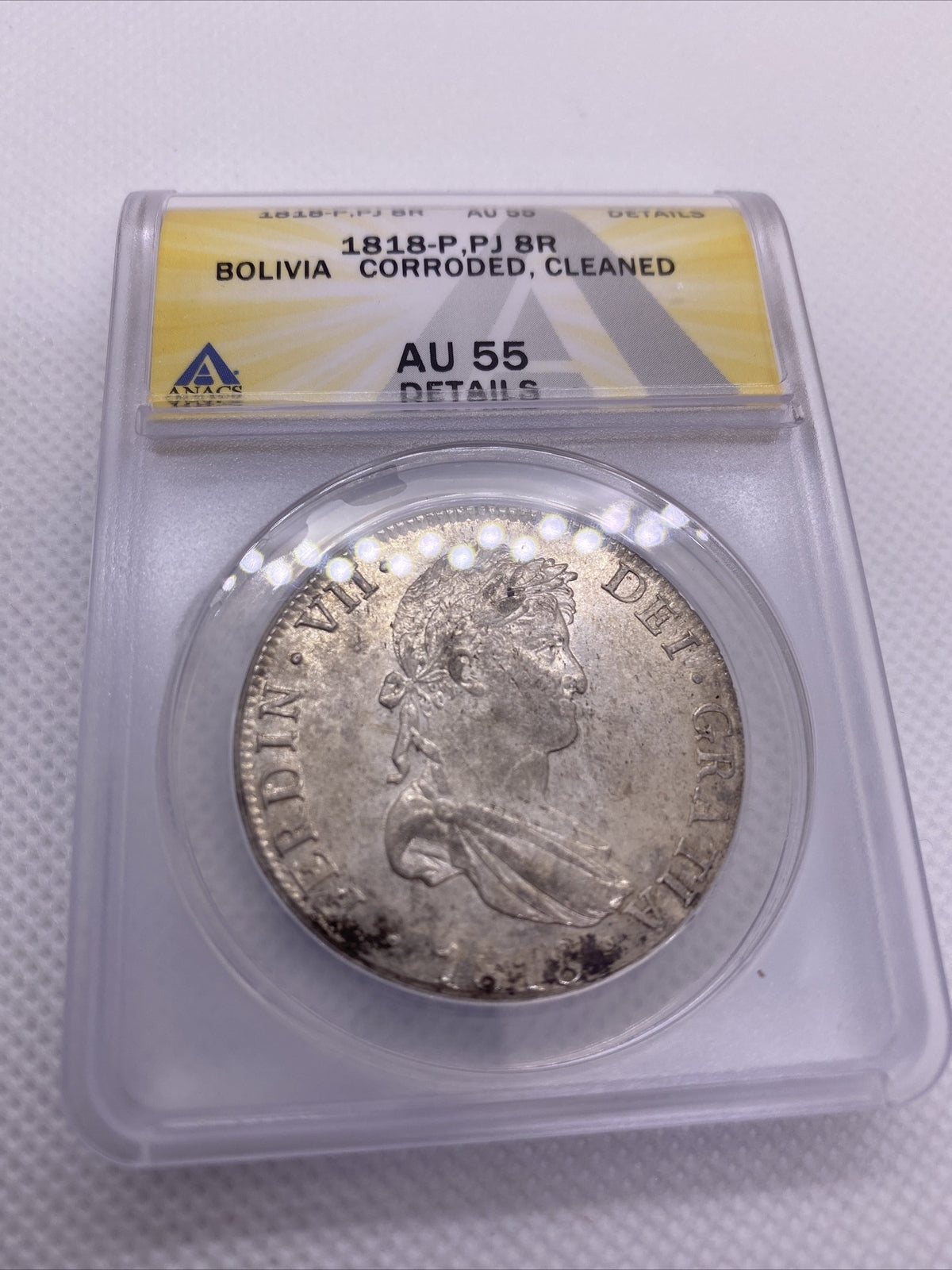 1818 PTS PJ Bolivia Silver 8R 8 Reales AU 55 Details Anacs Silver Potosi #557