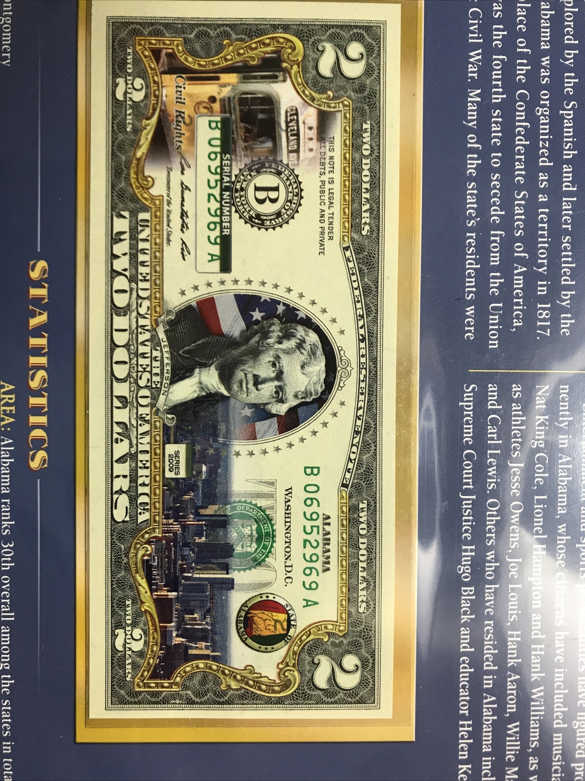 COLORIZED $2 NOTE SET ALABAMA and MICHIGAN GENUINE LEGAL TENDER