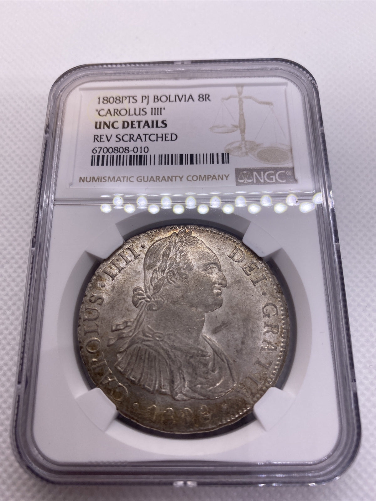 1808 PTS PJ SILVER CHARLES IIII 8 REALES BOLIVIA NGC UNC VERY RARE UNC