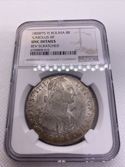 1808 PTS PJ SILVER CHARLES IIII 8 REALES BOLIVIA NGC UNC VERY RARE UNC