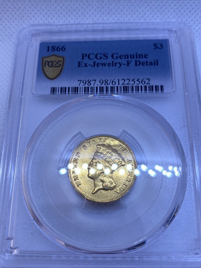 1866 $3 Gold Three Dollars PCGS RARE VERY LOW Mintage