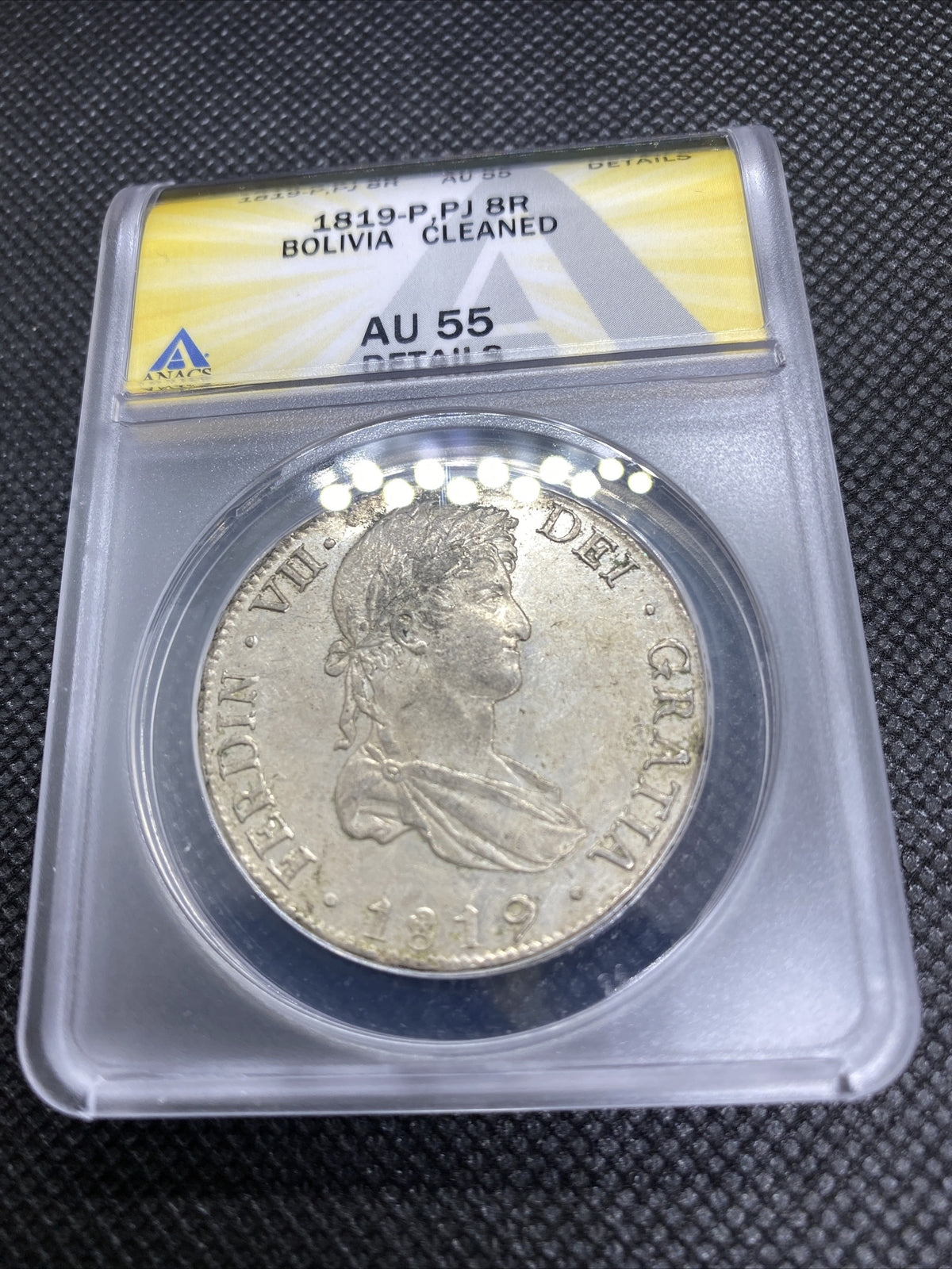 1819 PTS PJ Bolivia Silver 8R 8 Reales AU 55 Details Anacs Silver Potosi #555