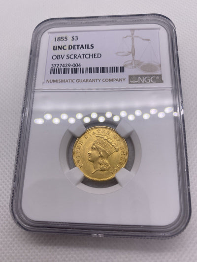 1855 $3 Three Dollar Gold Coin NGC UNC Beautiful Original Early US Gold Rare