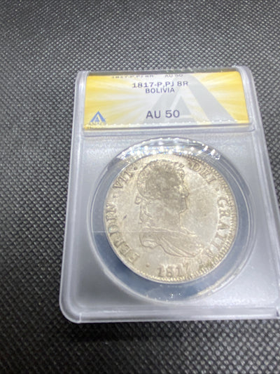 1817 PTS Bolivia 8 Reales 8R Anacs AU50 Silver Coin Colonial Rare