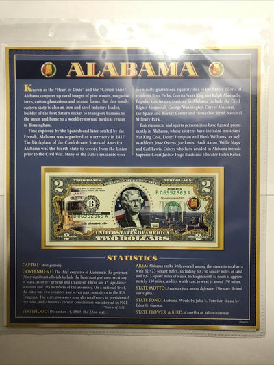 COLORIZED $2 NOTE SET ALABAMA and MICHIGAN GENUINE LEGAL TENDER
