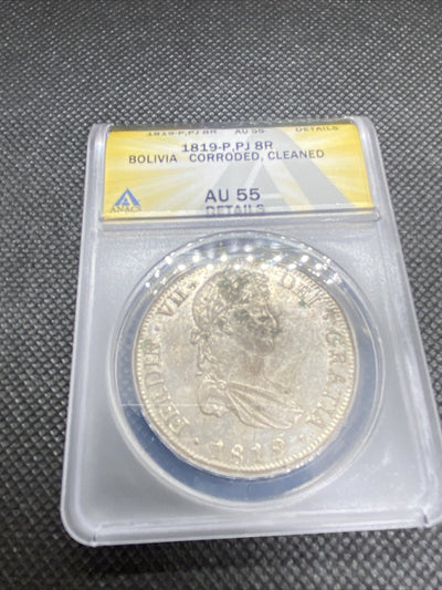 1819 PTS PJ Bolivia Silver 8R 8 Reales AU 55 Details Anacs Silver Potosi #552