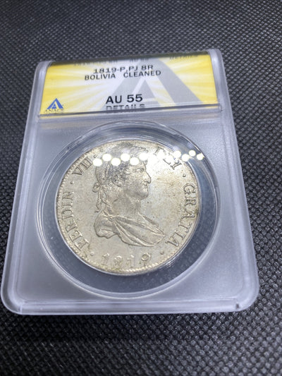 1819 PTS PJ Bolivia Silver 8R 8 Reales AU 55 Details Anacs Silver Potosi #555