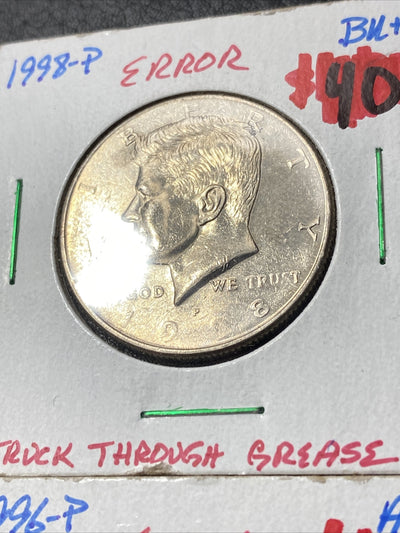 1998 P + 1996 P Kennedy Half Dollars + 1976 Quarter - Struck through Mint Errors