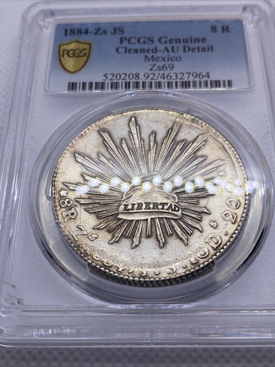 1884 Zs JS 8 Reales Zs69 PCGS AU Details 8R Mexico Silver Coin STRUCK THRU #7964