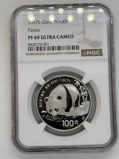 1987 100 Yuan 1 Oz .9995 China Platinum Proof Coin Panda NGC PF69 Ultra Cameo 01