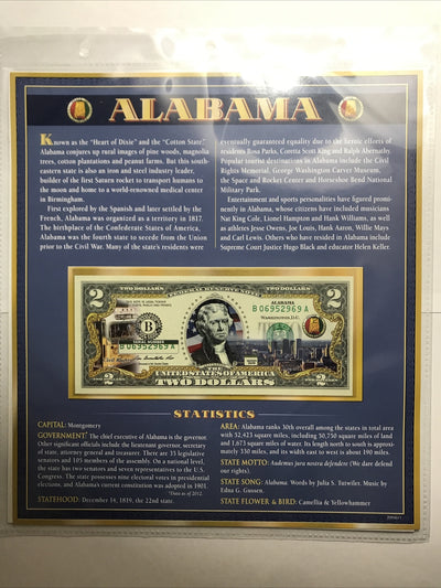 COLORIZED $2 NOTE SET ALABAMA and MICHIGAN GENUINE LEGAL TENDER