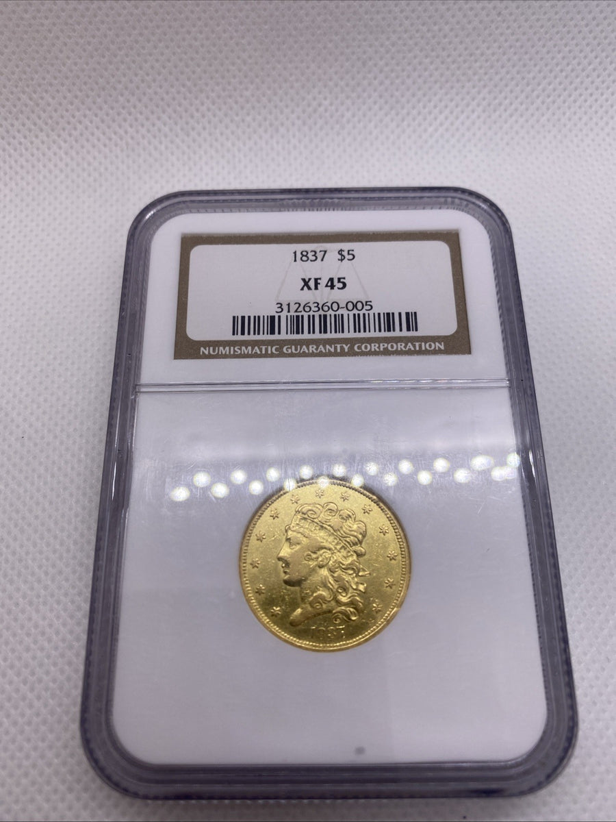 1837 $5 Half Eagle NGC OLD Slab Graded XF45 Five Dollars Gold Better Date RARE