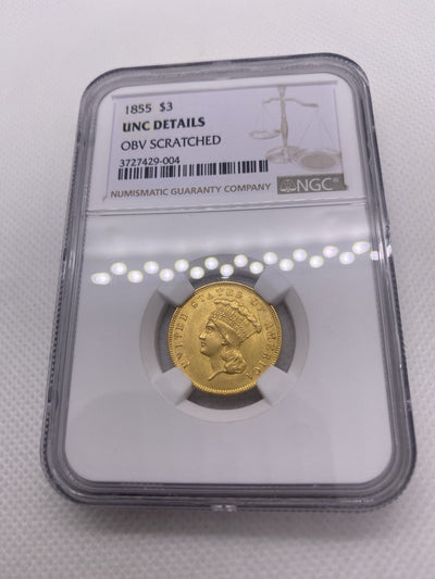 1855 $3 Three Dollar Gold Coin NGC UNC Beautiful Original Early US Gold Rare