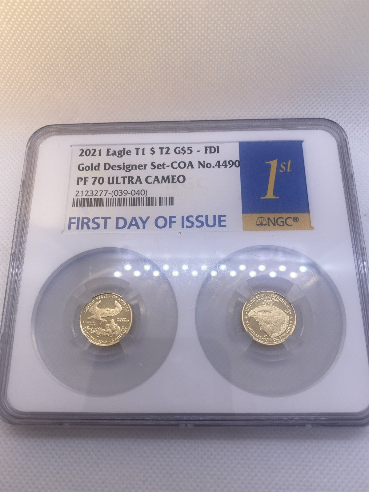 2021-W T1 and T2 Set Designer Ed. Gold Eagle 1/10 oz NGC PF70 FDOI First Day