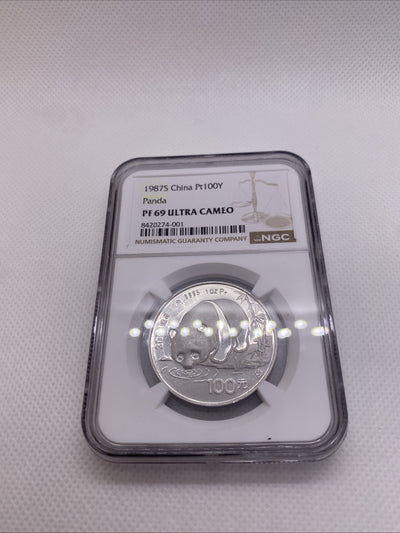 1987 100 Yuan 1 Oz .9995 China Platinum Proof Coin Panda NGC PF69 Ultra Cameo 01