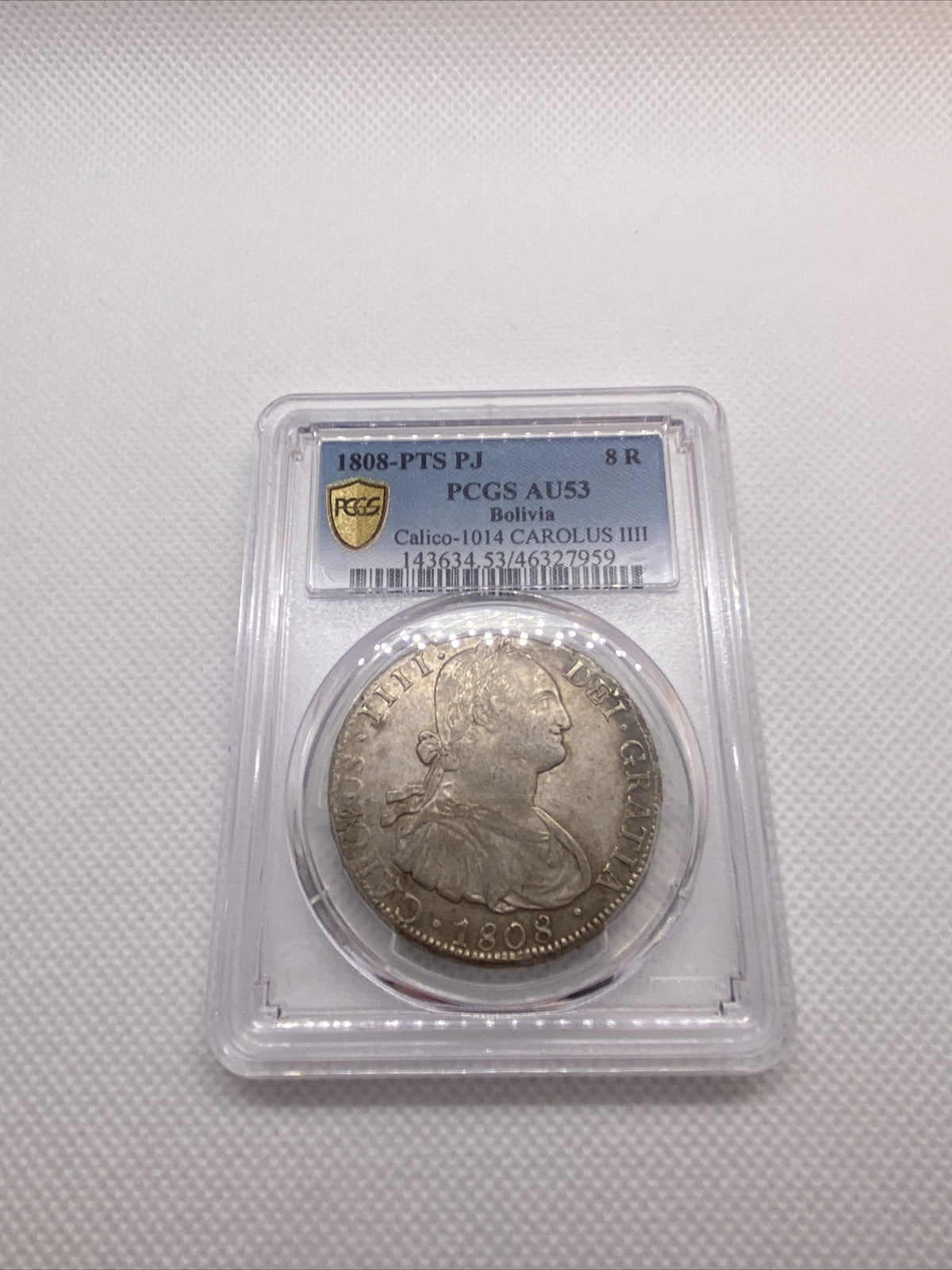 1808 PTS PJ 8 Reales  Carlos III Bolivia PCGS AU53 Calico-1014 Carolus IV #7959