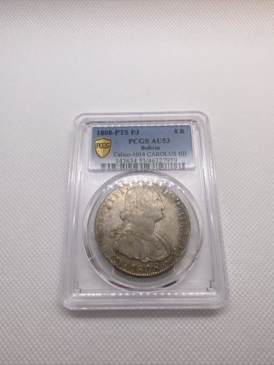 1808 PTS PJ 8 Reales  Carlos III Bolivia PCGS AU53 Calico-1014 Carolus IV #7959