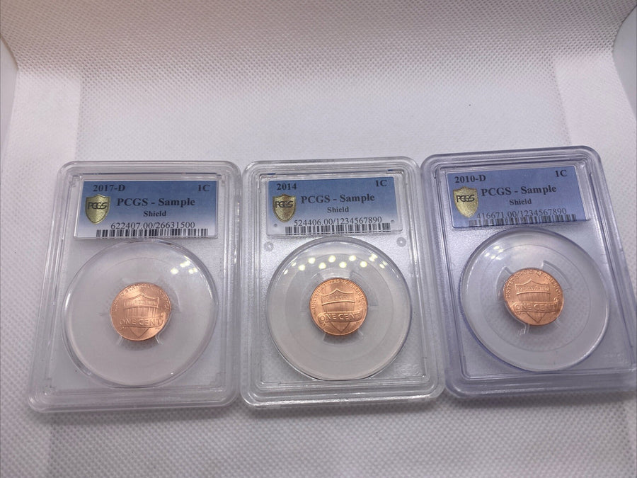 PCGS Sample Slabs  2010 D, 2014 P, 2017 D Lincoln Shield Cent THREE SAMPLE SLABS